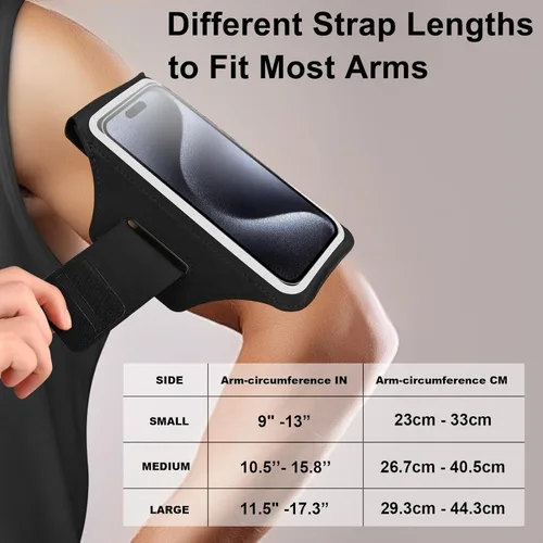 Miniatura 3 de Brazalete deportivo para teléfono móvil con bolsillo para auriculares. Para iPhone 16 15 Pro 14 Plus 13 11 XR XS, y Samsung Galaxy S24/S10. Negro