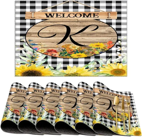 Miniatura 49 de Manteles individuales de bienvenida con diseño de girasol vintage con bandera R con inicial, 1 unidad, estilo granja, para mesa de comedor, cocina