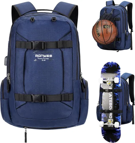 Mochila para monopatín, baloncesto, béisbol, fútbol, rugby, balón de fútbol, multifunción, resistente al agua, con puerto USB, red de baloncesto, se