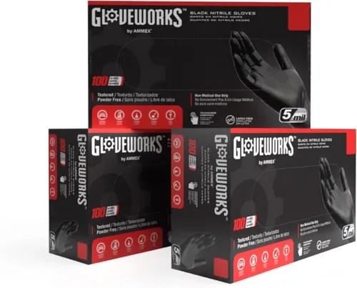 GLOVEWORKS Guantes negros de nitrilo desechables de 5 mil, sin látex, agarre texturizado para servicio de alimentos, cocina, limpieza profesional