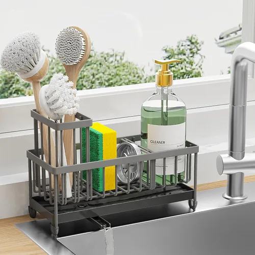 Miniatura 18 de Cisily Soporte de esponja negro extra grande para fregadero de cocina, organizador de fregadero con soporte alto para cepillos, organizadores