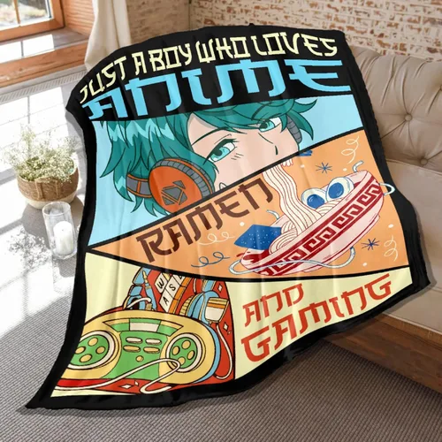Manta de Juego para Chicos y Hombres, Solo un Chico que Ama el Anime, Ramen y Mantas de Videojuegos, Manta Suave de Franela, Manta Decorativa Ligera