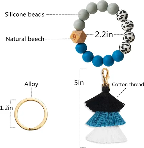 Miniatura 2 de Bisanzoya Beaded Keychain with Tassel, Silicone Key Ring Bracelet, Cute Boho Car Key Chain Wristlet for Women