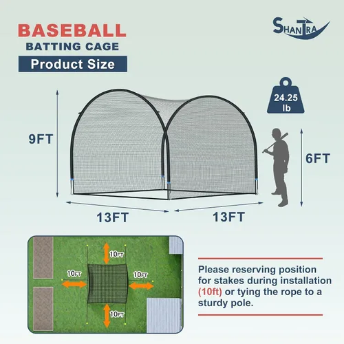 Miniatura 2 de SHANTRA Jaula de bateo con marco y red, jaula de bateo de béisbol de 13 pies y 22 pies para patio trasero, béisbol y sóftbol para práctica