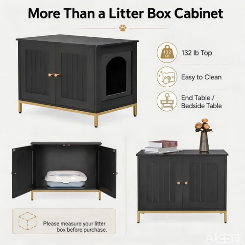 Miniatura 9 de Homhedy Gabinete para Caja de Arena para Gatos, Muebles de Baño para Gatos con Marco de Metal, Casa para Mascotas, Se Adapta a la Mayoría de Cajas