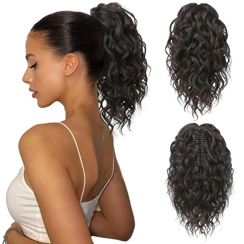 Miniatura 16 de Flufymooz Extensión de cola de caballo, extensión de cola de caballo corta de 12 pulgadas con pinza de garra, cabello ondulado rizado, clip