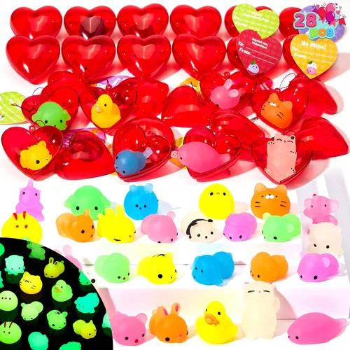 JOYIN Paquete de 28 regalos para el día de San Valentín para niños, juguetes esponjosos Mochi brillantes con corazón, tarjetas divertidas para el