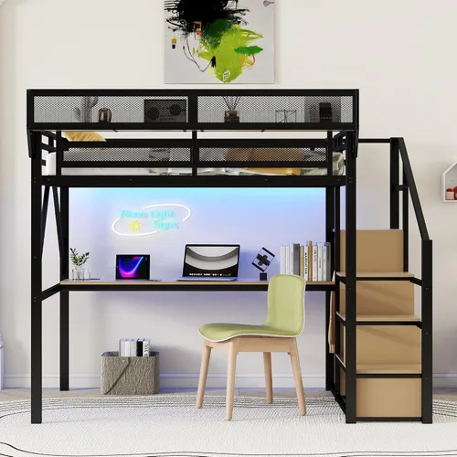Miniatura 10 de Cama alta convertible de tamaño individual con escaleras de almacenamiento, estantes y armario, marco de cama de metal con barandilla de seguridad