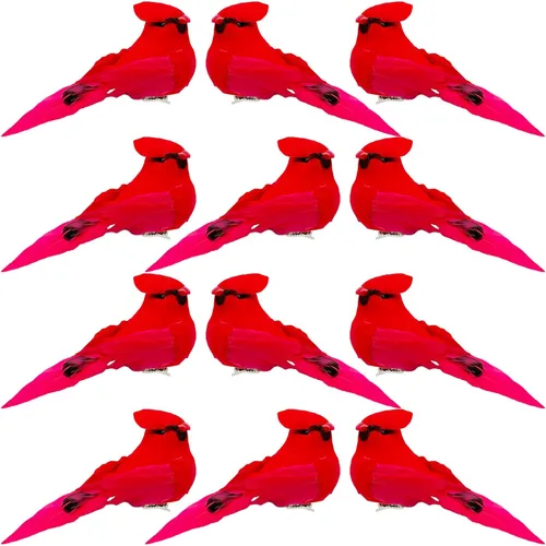 12 adornos de pájaros cardenales rojos, decoración de árbol de Navidad, 5.5 pulgadas, clip en tela emplumada, pájaros artificiales para decoración
