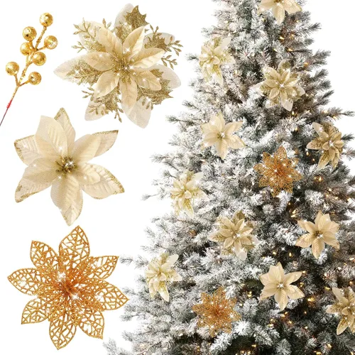 Miniatura 12 de Floweroyal 30 piezas Flores de Pascua Artificiales de Navidad Decoraciones con Clips y Tallos de Bayas Adornos con Purpurina para Árbol de Navidad