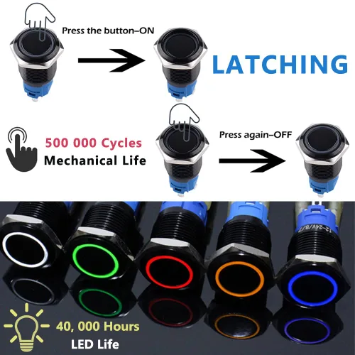 Miniatura 2 de 2 piezas de interruptor de botón de cierre antivandálico de metal impermeable de 0.630 in, carcasa negra autobloqueante con enchufe precableado