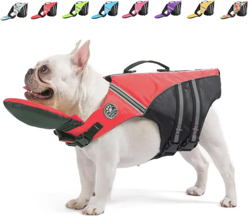 Miniatura 9 de Mklhgty Chaleco salvavidas para perros, chaleco salvavidas reflectante para perro con cuello extraíble, alta flotabilidad para nadar y navegar, Rojo