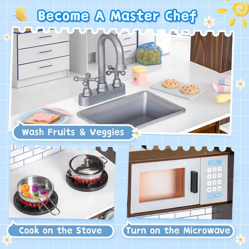 Miniatura 3 de Juego de cocina esquinera, cocina de madera con luces y sonidos, cocina grande con estufa, juguetes de cocina, microondas, horno, máquina de hielo