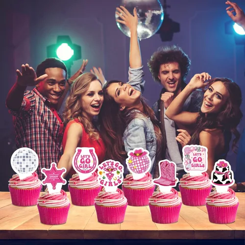 Miniatura 5 de Decoración para tartas de cumpleaños de vaquera disco – NOVBAUB 48 piezas de decoración de fiesta de cumpleaños de vaquera rosa intenso, suministros