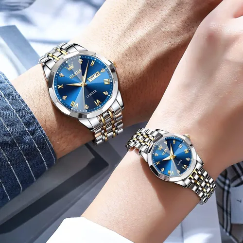 Miniatura 52 de OLEVS Juego de 2 relojes de cuarzo para parejas de San Valentín, calendario luminoso, ventana de fecha, 3 ATM, impermeable, casual, acero