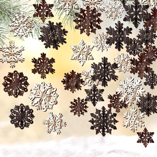 Huwena 36 piezas de decoraciones de invierno, adornos vintage de Navidad, adornos de madera para árbol de Navidad, muñeco de nieve, copo de nieve,