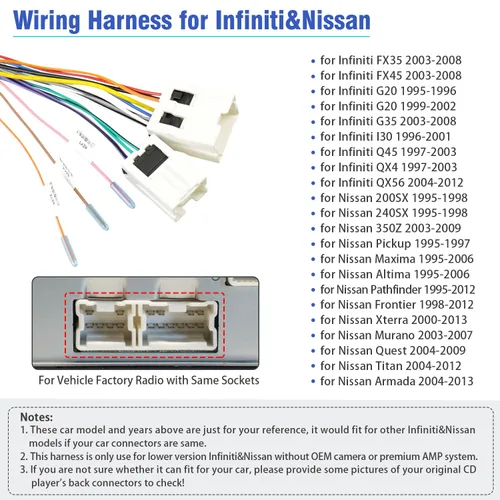 Miniatura 2 de Arnés de cable de radio para conector estéreo Nissan, compatible con Altima Frontier Xterra Murano Armada Pathfinder Quest Infiniti Titan 10Pin 6Pin