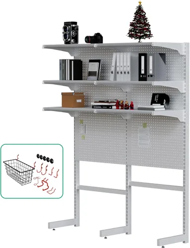 JWX Unidad de Estantería con Tablero Perforado de Pie, Gabinetes Blancos Gaming Hogar Oficina Garaje con Tablero Perforado de Metal y 15 Piezas