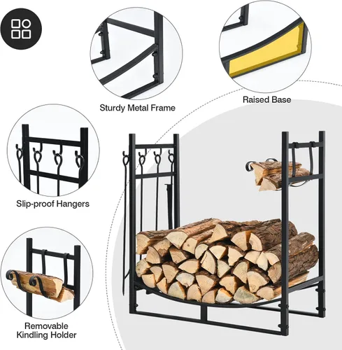 Miniatura 8 de Tangkula Estante para leña de 30 pulgadas con juego de 4 herramientas, juego de almacenamiento para troncos de fuego con cepillo, pala, póker