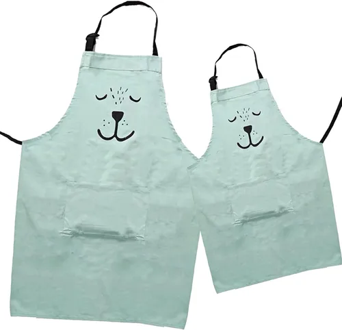 Paquete de 2 delantales ajustables de algodón para padres e hijos con bolsillos a juego para mamá y yo, para hornear, pintar Verde