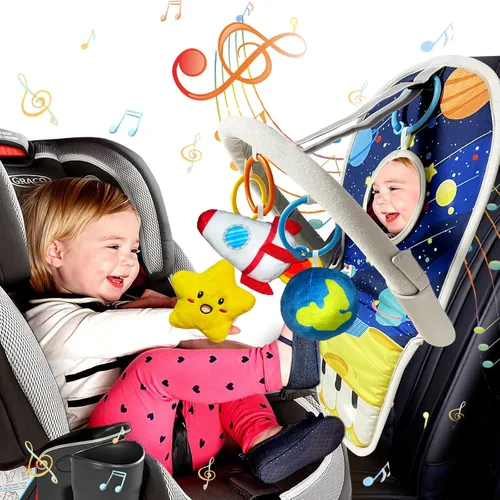 Juguetes de asiento de automóvil para bebés de 6 meses en adelante, juguetes de asiento de automóvil con piano de pedal musical, espejo de bebé y