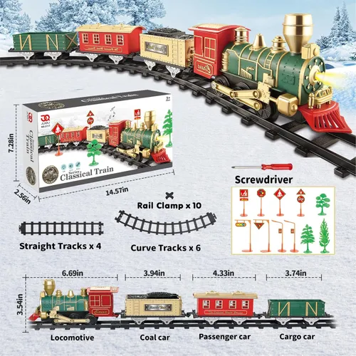 Miniatura 5 de JQ JUQU Juego de tren eléctrico para niños de 3 a 8 años, tren de juguete a pilas con luces y sonidos, 3 autos y 10 pistas para Navidad y juego