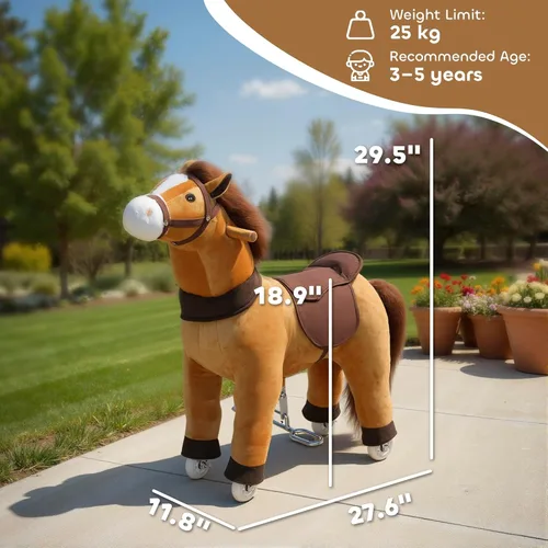 Miniatura 7 de Qaba Caballo para montar para niños de 3 a 5 años, pony de peluche de 29.5 pulgadas de altura, caballo andador con ruedas rodantes para juego