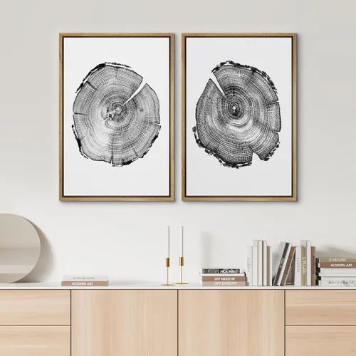 Miniatura 3 de SIGNWIN Lienzo enmarcado para pared, juego de arte con anillos de árbol de bosque grunge en blanco y negro, ilustraciones de naturaleza silvestre