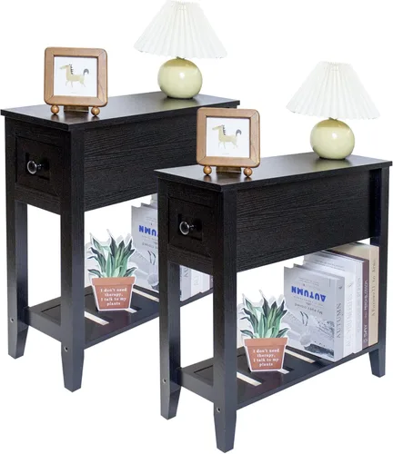 Miniatura 8 de Paquete de 2 Mesas Auxiliares Estrechas de Cabecera con Cajón, Mesa Auxiliar Sólida para Sillón Reclinable con Estante de Almacenamiento, Mesita