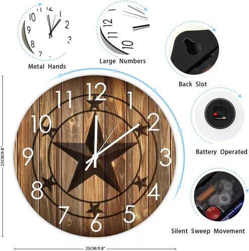Miniatura 2 de Reloj de pared redondo de madera con estrella de Texas occidental, silencioso a pilas, funciona con pilas, decoración del hogar para sala de estar