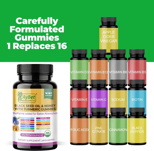 Miniatura 2 de Gomitas de aceite de semillas negras y miel con cúrcuma – Suplemento 16 en 1 con vitaminas D3, B12, biotina y zinc – USDA orgánico, halal, vegano