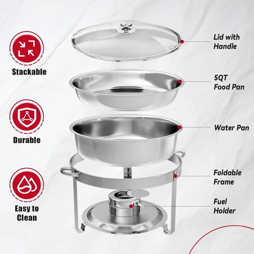 Miniatura 4 de IMACONE Juego de Bandejas Calentadoras de Buffet 4 Piezas, 5QT Redondas de Acero Inoxidable con Tapa de Vidrio para Catering, Conjuntos
