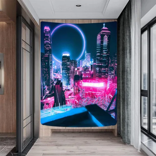Miniatura 4 de Aidatain Tapiz de juego punk grande de 60 x 80 pulgadas, tecnología futurista, paisaje urbano, rascacielos, estético, tapices de franela para colgar