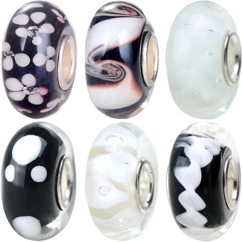 Miniatura 3 de RUBYCA Cuentas de cristal de Murano floral con núcleo de color plateado, ajuste europeo para hacer joyas, 6