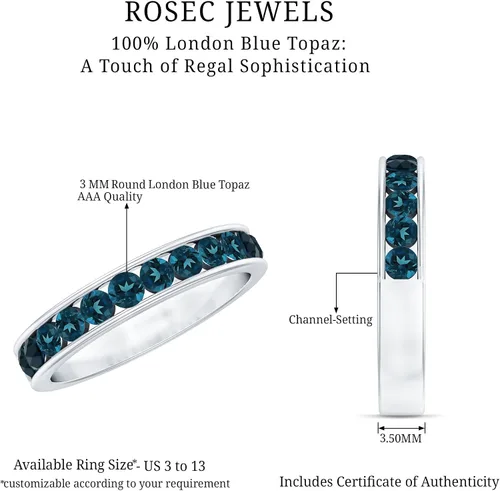 Miniatura 13 de Anillo de media eternidad con topacio azul londinense certificado para mujer, calidad AAA, anillo de piedra natal de diciembre, listo para regalar