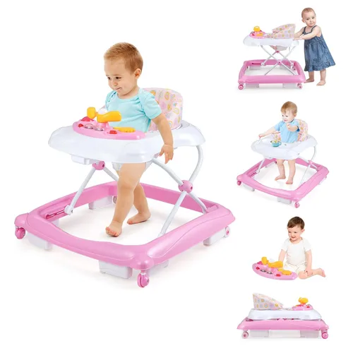 Miniatura 12 de BABY JOY Andador de bebé, caminador de actividad plegable 4 en 1 con altura ajustable, música, luces, caminador de empuje antivuelco para niños