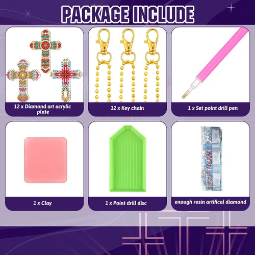 Miniatura 4 de Inbagi 15 piezas de llaveros de pintura de diamante con cruz de Pascua, 5D, bricolaje, cruz de diamante, llaveros colgantes para regalos de fiesta