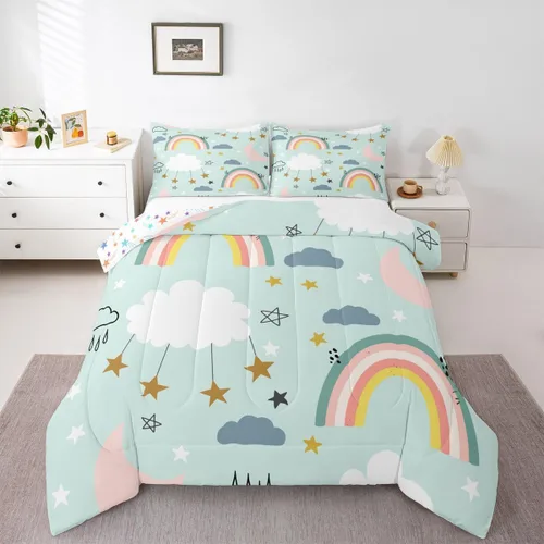 Miniatura 18 de Juego de Edredón de Princesa de Ballet para Niñas Tamaño Individual, Juego de Ropa de Cama de Castillo Arcoíris Kawaii Flores Lindas Mariquita Multi