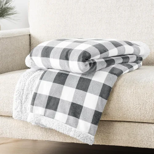 Miniatura 5 de PAVILIA Manta Sherpa de Cuadros Buffalo Gris Claro para Sofá, Manta de Forro Polar Suave Gris Claro a Cuadros, Manta de Franela Suave y Mullida