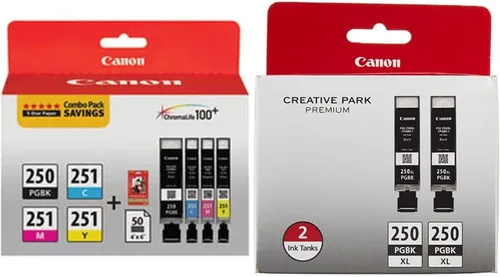 Canon PGI-250/CLI-251 con papel fotográfico, 50 hojas PGI-250XL, color negro, paquete doble compatible con impresoras MG6320, iP7220 y MG5420