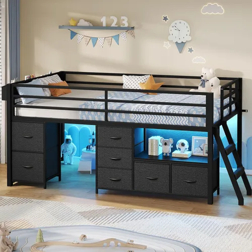 Miniatura 9 de ADORNEVE Cama baja tipo loft tamaño individual con 7 cajones de almacenamiento, estantería y luces LED, cama alta de metal para niños con barandilla