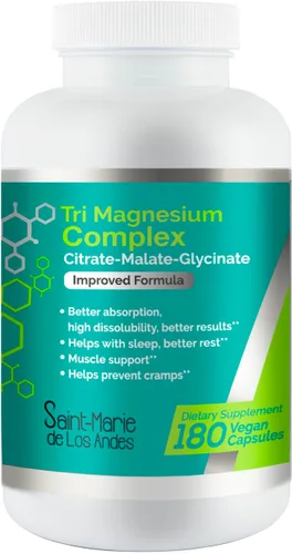 Suplemento complejo de magnesio (glicinato, citrato y malato) – 180 cápsulas (suministro para 90 días) – 300 mg de magnesio por porción – Vegano