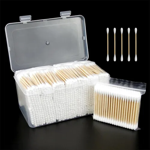 Miniatura 8 de Hisopos de algodón de bambú, 1000 unidades, capullos de algodón natural con caja de almacenamiento, palitos de bambú para el cuidado del oído