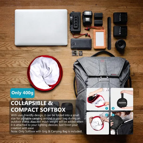 Miniatura 8 de Neewer Caja de luz Softbox plegable con clip de correa, rejilla y bolsa de transporte Compatible con paneles de luz LED Neewer 480/660/530, apertura