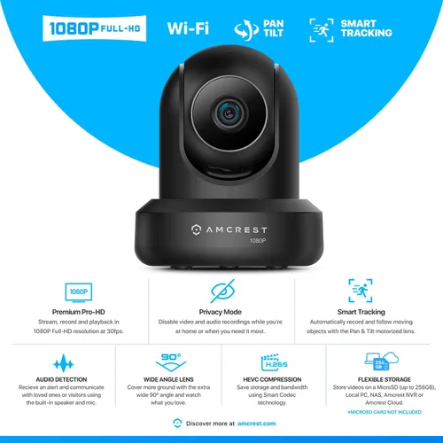 Miniatura 2 de Amcrest Paquete de 2 cámaras WiFi de 1080p para interiores, cámara de seguridad para el hogar panorámica/inclinación de 2 MP, seguimiento Negro