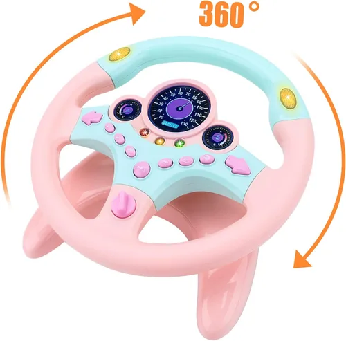 Miniatura 5 de deAO Volante para niños para asiento trasero con llave, juguetes para bebés, pretender conducir, juguete de volante simulado con luz y música, Rosa