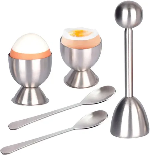 Xicennego Juego de 5 tapas para galletas de huevo, incluye 2 tazas de huevo, 2 cucharas y 1 cortador, abridor de huevos fácil de acero inoxidable