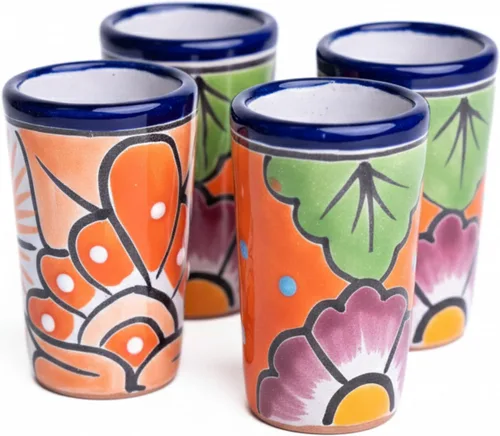 Juego de 4 vasos de chupito Talavera auténticos mexicanos para tequila - Pintados a mano - 2 Oz (Flores naranjas)