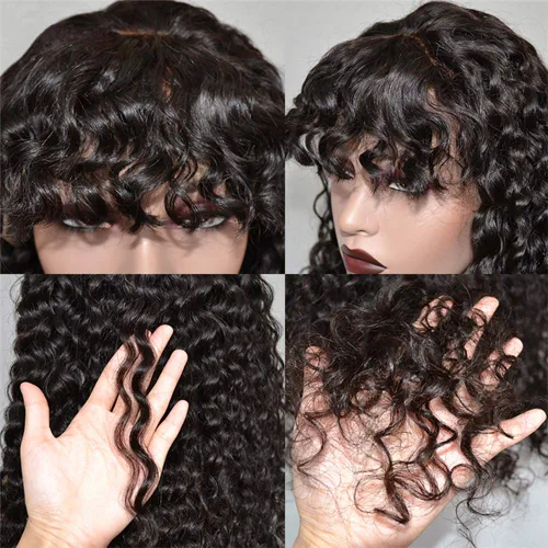 Miniatura 5 de Peluca de cabello humano ondulado brasileño virgen, con flequillo, sin encaje frontal, 130% de densidad, sin pegamento, corte bob, hecha a máquina