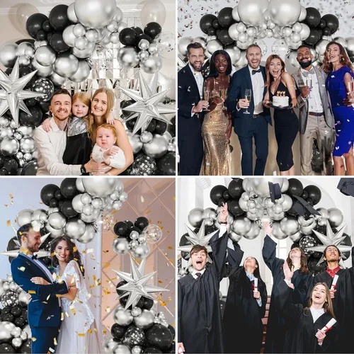 Miniatura 5 de Kit de arco de guirnalda de globos negros y plateados, 146 globos metálicos plateados y negros con globos plateados de papel de aluminio de estrella